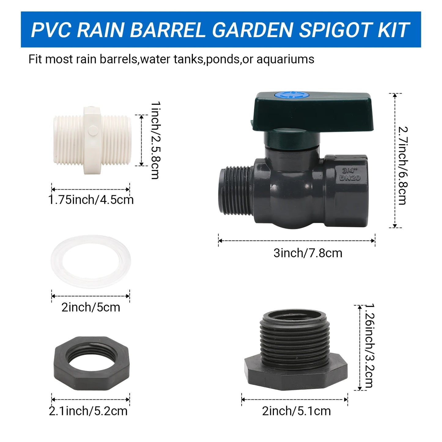 PVC Rain Barrel Diverter Kit, 3/4 Inch Rain Barrel Valve, Rain Barrel Spigot Kit with Bulkhead Fitting Adapter